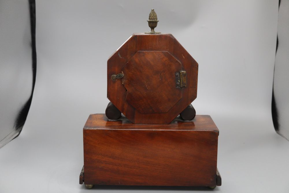 A Regency style mahogany mantel timepiece, with brass and mother of pearl inlay, height 34cm